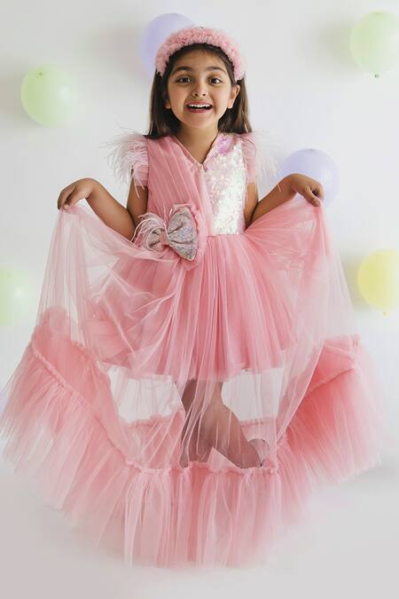 Shop Miakki Peach Net, Satin, Crepe Sequins Ruffle Bow Gown Online at Aza Fashions Shop_Miakki_Peach Net, Satin, Crepe Sequins Ruffle Bow Gown _Online_at_Aza_Fashions