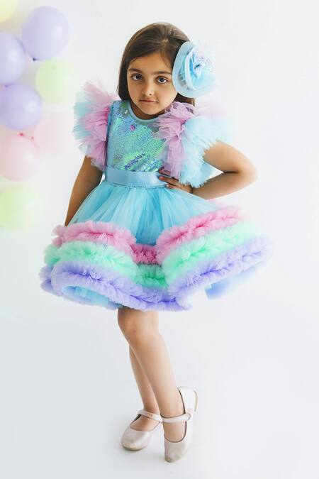 Shop_Miakki_Blue Net, Satin Sequins Tiered Ruffle Bow Dress _Online_at_Aza_Fashions