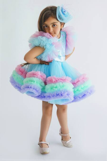 Miakki_Blue Net, Satin Sequins Tiered Ruffle Bow Dress _Online_at_Aza_Fashions