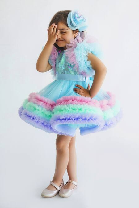 Buy_Miakki_Blue Net, Satin Sequins Tiered Ruffle Bow Dress _Online_at_Aza_Fashions