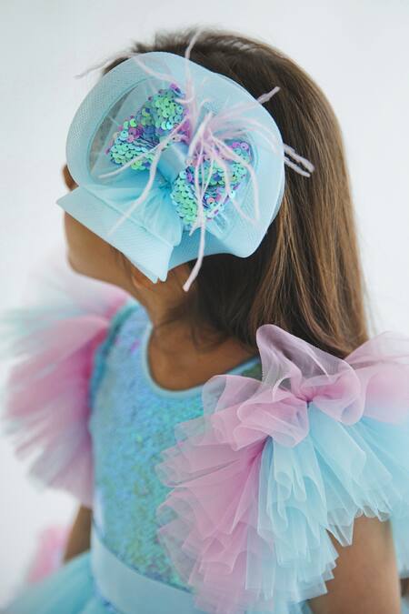 Miakki_Blue Net, Satin Sequins Tiered Ruffle Bow Dress _at_Aza_Fashions
