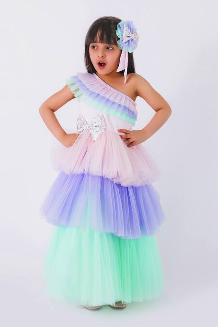 Miakki_Multi Color Net, Satin Sequins One Shoulder Ruffle Dress _Online_at_Aza_Fashions
