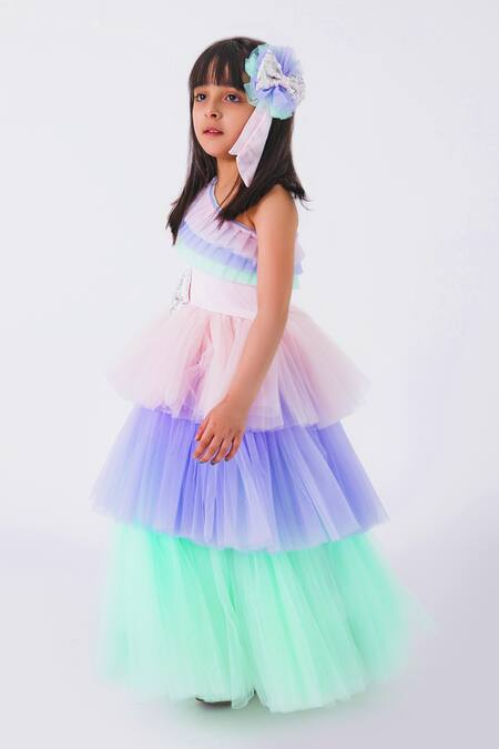 Buy_Miakki_Multi Color Net, Satin Sequins One Shoulder Ruffle Dress _Online_at_Aza_Fashions