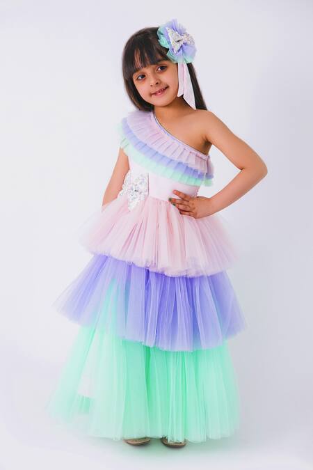 Shop_Miakki_Multi Color Net, Satin Sequins One Shoulder Ruffle Dress _Online_at_Aza_Fashions
