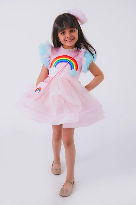 Miakki_Pink Net, Satin Rainbow Motif Ruffle Dress _Online_at_Aza_Fashions