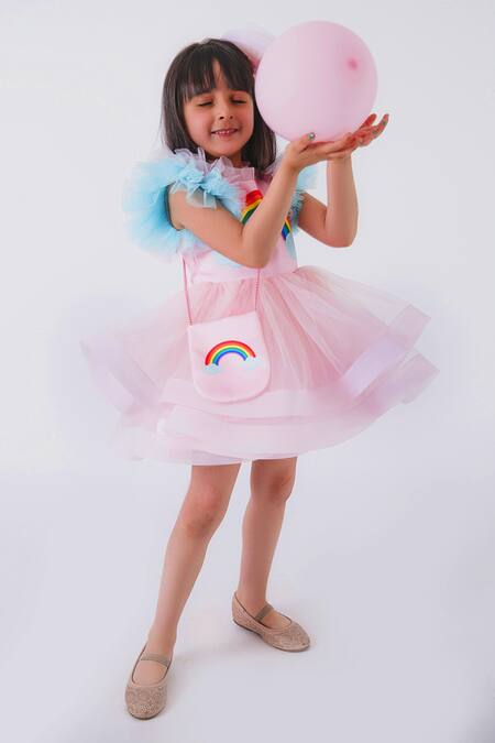 Buy_Miakki_Pink Net, Satin Rainbow Motif Ruffle Dress _Online_at_Aza_Fashions