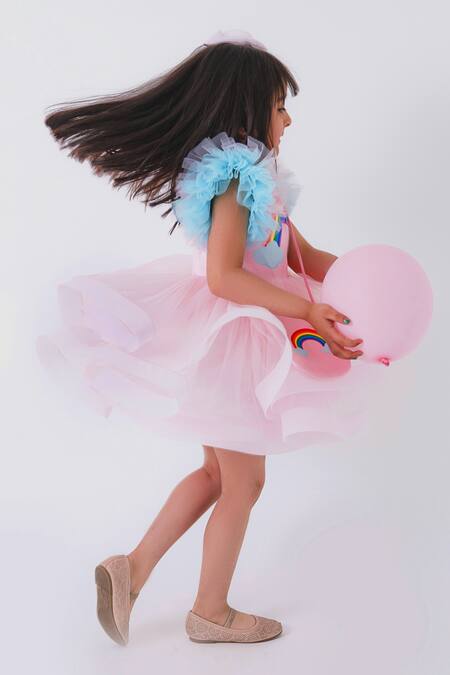 Shop_Miakki_Pink Net, Satin Rainbow Motif Ruffle Dress _Online_at_Aza_Fashions