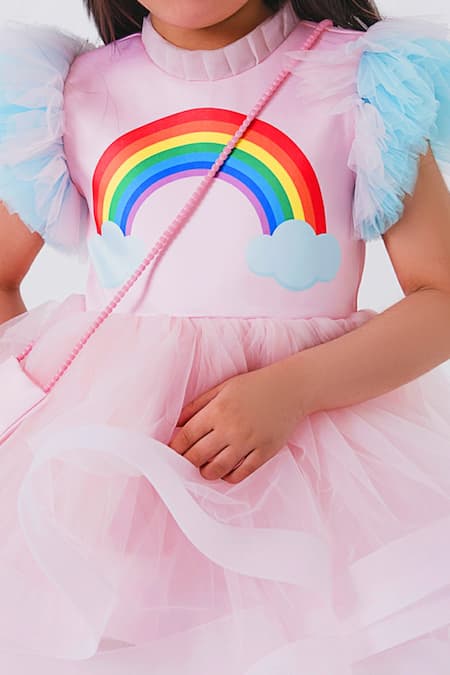 Miakki_Pink Net, Satin Rainbow Motif Ruffle Dress _at_Aza_Fashions