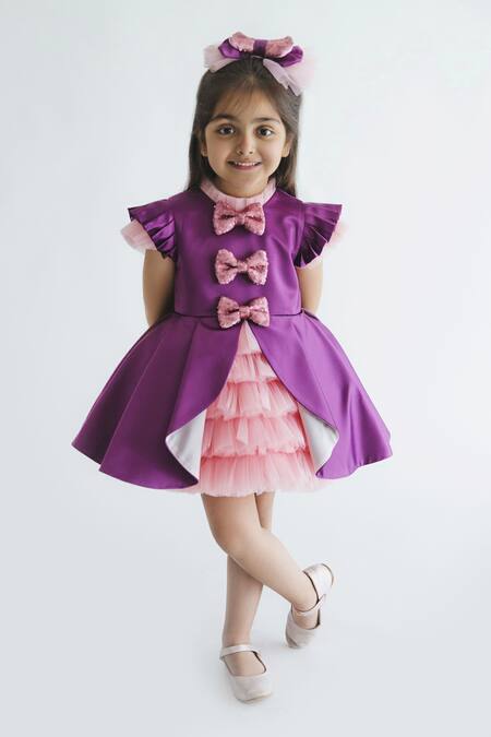 Shop_Miakki_Purple Net, Satin Sequins Tiered Ruffle Bow Dress _Online_at_Aza_Fashions