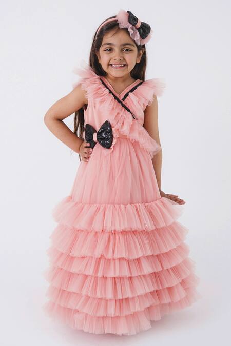 Miakki_Pink Net, Satin Sequins Tiered Ruffle Dress_Online_at_Aza_Fashions