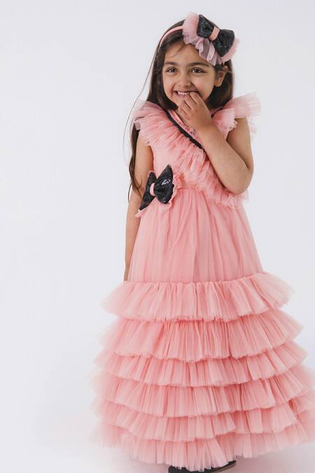 Buy_Miakki_Pink Net, Satin Sequins Tiered Ruffle Dress_Online_at_Aza_Fashions