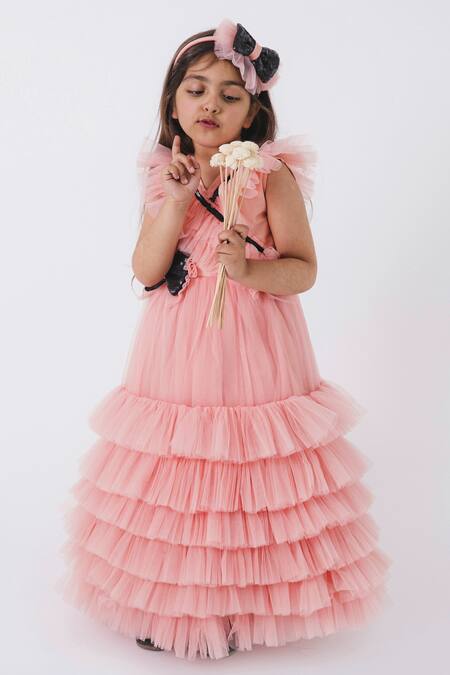 Shop_Miakki_Pink Net, Satin Sequins Tiered Ruffle Dress_Online_at_Aza_Fashions