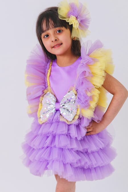 Miakki_Purple Net, Satin Sequins Work Ruffle Dress _Online_at_Aza_Fashions