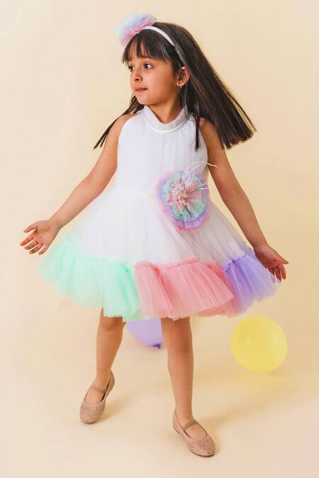 Miakki_White Net, Satin Sequins Colour Block Ruffle Dress _Online_at_Aza_Fashions