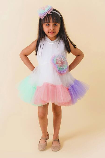 Buy_Miakki_White Net, Satin Sequins Colour Block Ruffle Dress _Online_at_Aza_Fashions