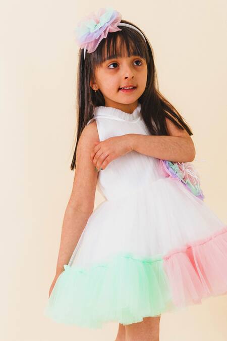 Shop_Miakki_White Net, Satin Sequins Colour Block Ruffle Dress _Online_at_Aza_Fashions