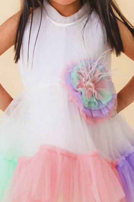 Miakki_White Net, Satin Sequins Colour Block Ruffle Dress _at_Aza_Fashions