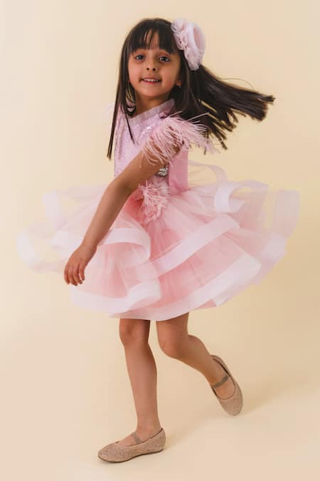 Miakki_Pink Net, Satin Sequins, Fabric Flowers Work Ruffle Dress _Online_at_Aza_Fashions