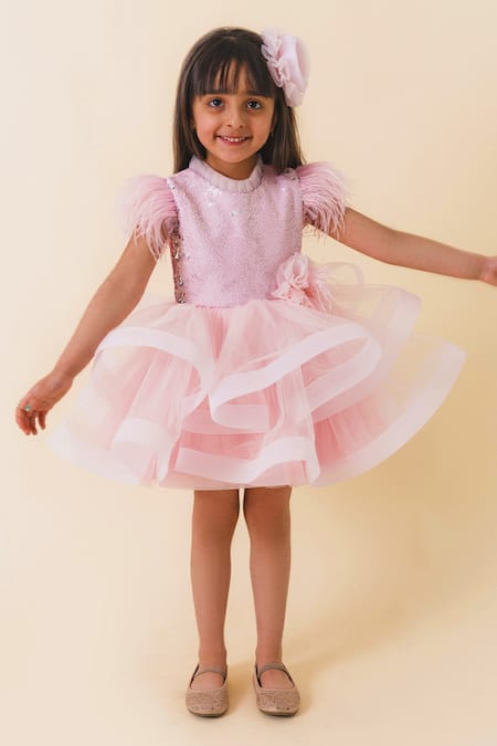 Buy_Miakki_Pink Net, Satin Sequins, Fabric Flowers Work Ruffle Dress _Online_at_Aza_Fashions