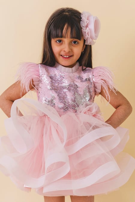 Shop_Miakki_Pink Net, Satin Sequins, Fabric Flowers Work Ruffle Dress _Online_at_Aza_Fashions