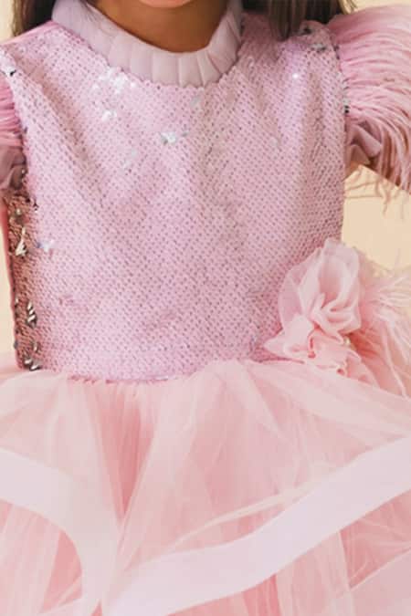 Miakki_Pink Net, Satin Sequins, Fabric Flowers Work Ruffle Dress _at_Aza_Fashions