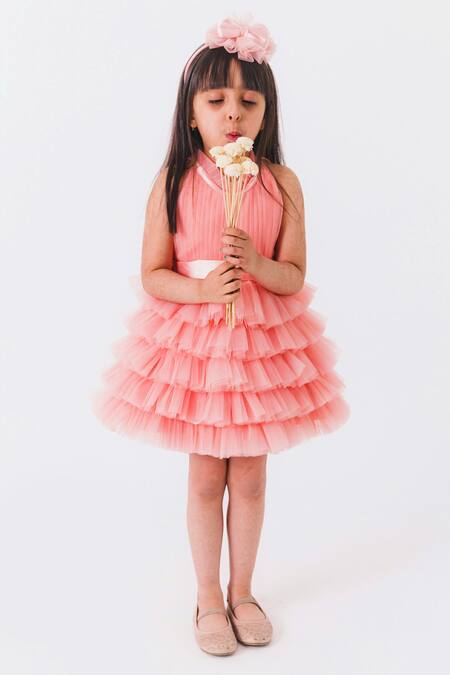 Miakki_Peach Net, Satin Ruffles Halter Neck Dress _Online_at_Aza_Fashions