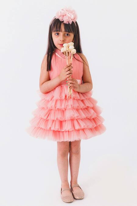 Buy_Miakki_Peach Net, Satin Ruffles Halter Neck Dress _Online_at_Aza_Fashions