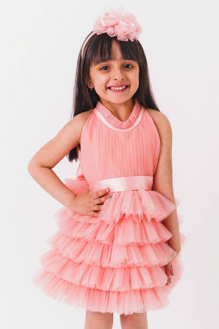 Shop_Miakki_Peach Net, Satin Ruffles Halter Neck Dress _Online_at_Aza_Fashions