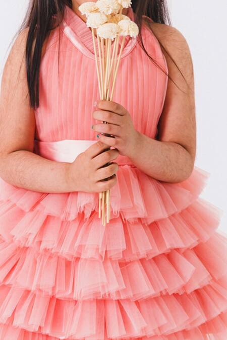 Miakki_Peach Net, Satin Ruffles Halter Neck Dress _at_Aza_Fashions