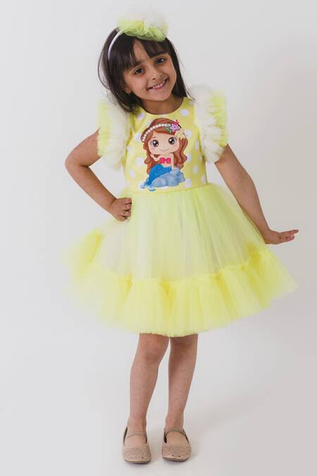 Miakki_Yellow Net, Satin Polka Dot Ruffle Dress _Online_at_Aza_Fashions