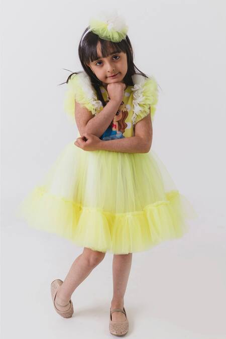 Buy_Miakki_Yellow Net, Satin Polka Dot Ruffle Dress _Online_at_Aza_Fashions