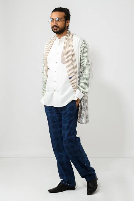 JAYATI GOENKA White Cotton Stripes And Floral Open Front Robe Online at Aza Fashions JAYATI GOENKA_White Cotton Stripes And Floral Open Front Robe _Online_at_Aza_Fashions