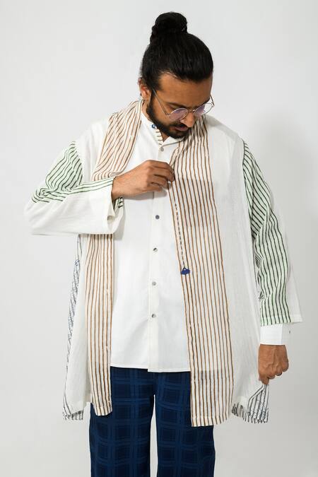 Shop JAYATI GOENKA White Cotton Stripes And Floral Open Front Robe Online at Aza Fashions Shop_JAYATI GOENKA_White Cotton Stripes And Floral Open Front Robe _Online_at_Aza_Fashions