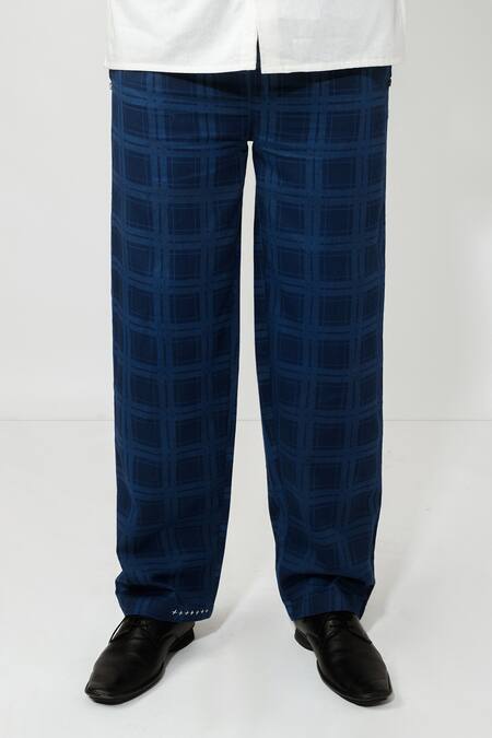 Maleno Men's Checked Blue Trousers