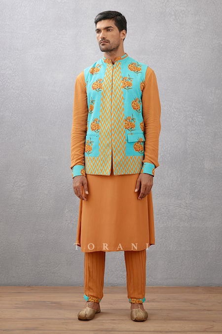 Buy_Torani_Blue Viscose Crepe Chintz Amardeep Print Bundi And Kurta Set _Online_at_Aza_Fashions