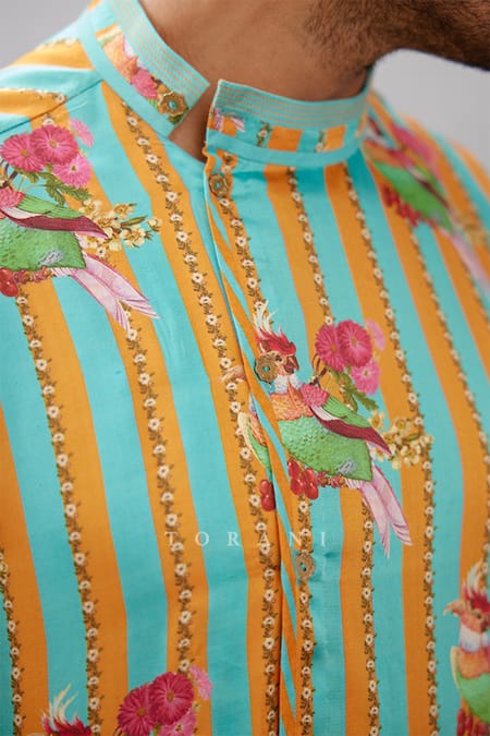 Torani_Blue Twill Satin Striped Surveen Print Kurta Set _Online_at_Aza_Fashions