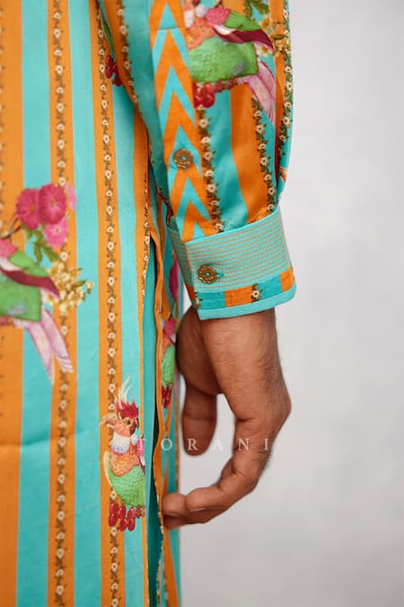 Buy_Torani_Blue Twill Satin Striped Surveen Print Kurta Set _Online_at_Aza_Fashions