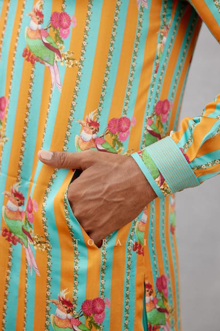 Shop_Torani_Blue Twill Satin Striped Surveen Print Kurta Set _Online_at_Aza_Fashions