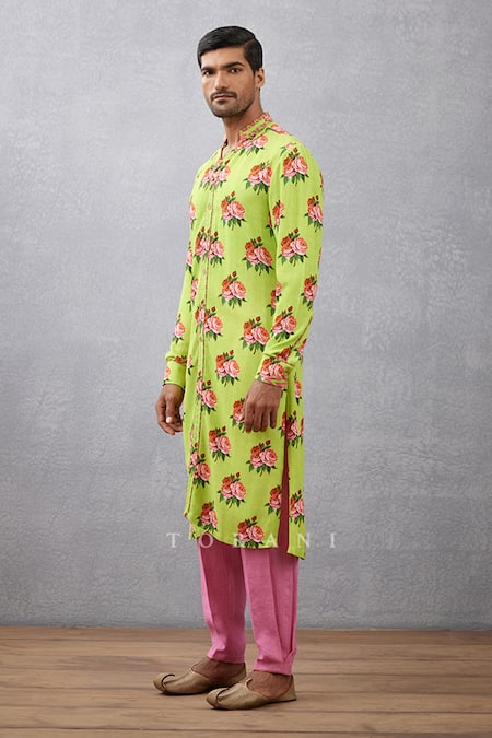 Torani_Green Kurta Viscose Crepe, Pant Pure Linen Chintz Angoori Rameet Set _Online_at_Aza_Fashions