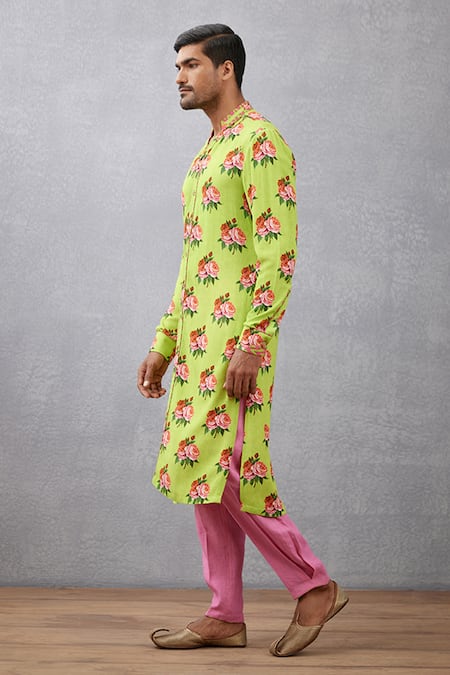 Buy_Torani_Green Kurta Viscose Crepe, Pant Pure Linen Chintz Angoori Rameet Set _Online_at_Aza_Fashions