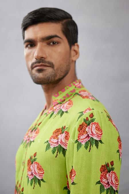 Shop_Torani_Green Kurta Viscose Crepe, Pant Pure Linen Chintz Angoori Rameet Set _Online_at_Aza_Fashions