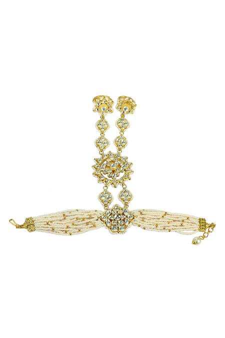 Shop Just Jewellery White Crystals, Pearls Embellished Floral Hathphool Single Pc at Aza Fashions Shop_Just Jewellery_White Crystals, Pearls Embellished Floral Hathphool Single Pc_at_Aza_Fashions