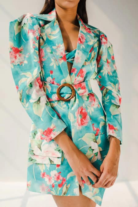 July Issue_Blue Cotton Jacquard Printed Floral Sweetheart Neck Lagoon Jacket Skirt Set _Online_at_Aza_Fashions