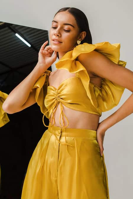 July Issue_Yellow Organza Solid Sweetheart Neck Mae Bustier Crop Top And Pant Set _Online_at_Aza_Fashions