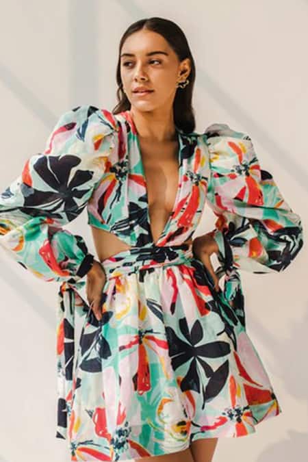 July Issue Multi Color Cotton Linen Floral V Neck Aloha Cutout Dress Online at Aza Fashions July Issue_Multi Color Cotton Linen Floral V Neck Aloha Cutout Dress _Online_at_Aza_Fashions