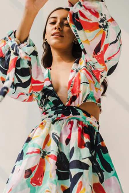 Buy July Issue Multi Color Cotton Linen Floral V Neck Aloha Cutout Dress Online at Aza Fashions Buy_July Issue_Multi Color Cotton Linen Floral V Neck Aloha Cutout Dress _Online_at_Aza_Fashions