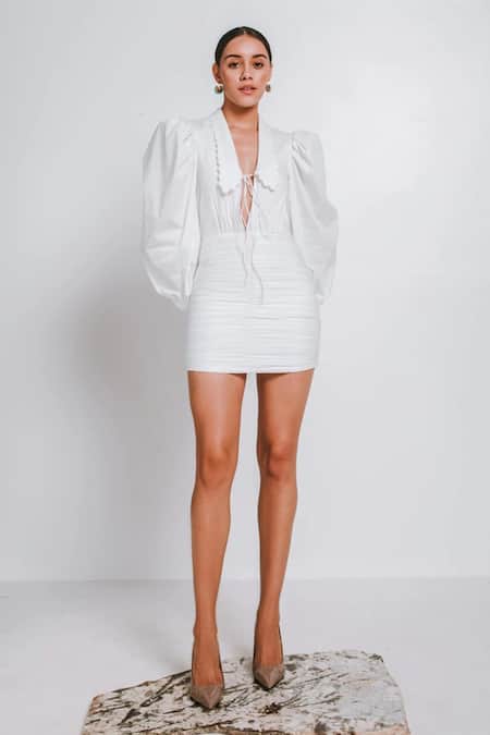 July Issue_White Cotton Poplin Solid Scallop Collar Grace Puff Sleeve Dress _Online_at_Aza_Fashions