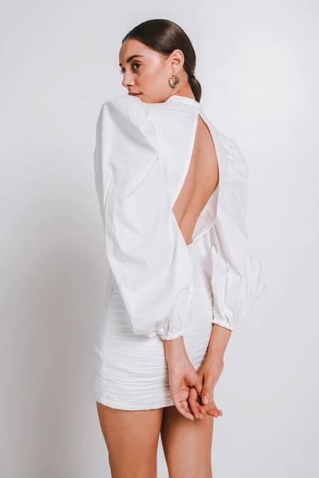 Shop_July Issue_White Cotton Poplin Solid Scallop Collar Grace Puff Sleeve Dress _at_Aza_Fashions