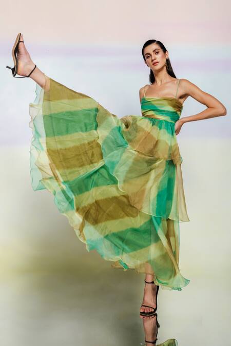 Shop July Issue Green Organza Striped Square Neck Arica Layered Gown Online at Aza Fashions Shop_July Issue_Green Organza Striped Square Neck Arica Layered Gown _Online_at_Aza_Fashions