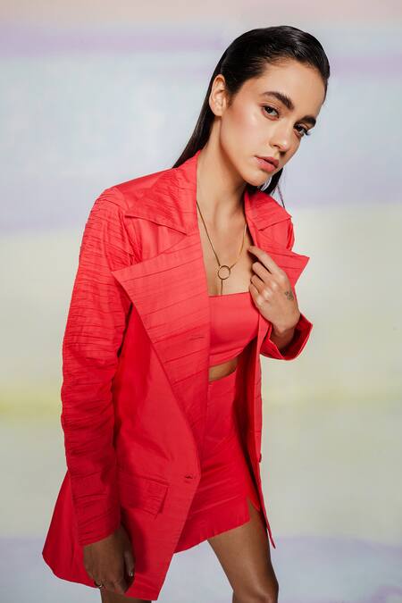 July Issue_Red Giza Cotton Solid Lapel Collar Suri Jacket Skirt Set_Online_at_Aza_Fashions